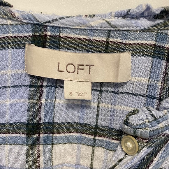 LOFT Blue & White Plaid Peasant Billowy Sleeve Button Down Blouse Top Size Small - Picture 6 of 10